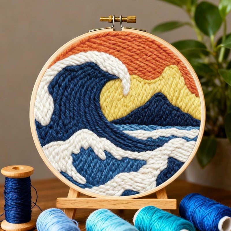 ORIGACH 2 Set Embroidery Punch Needle Kit for Adults Beginners DIY Kanagawa Wave Punch Stitching Kit for Art Crafts & Home Decor Easy Needle Punching Project with 7.9inch Hoop, Patterns, Yarns, Tools - Image 5